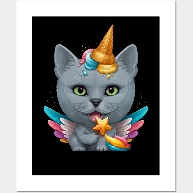 Russian Blue Cat Ice Cream Unicorn Wall Art by stonemask